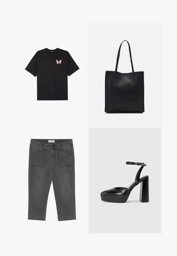 T-shirt de algodão preto com mangas curtas, apresentando um pequeno gráfico de borboleta rosa no lado esquerdo do peito. Design de gola redonda com um corte solto.; Calças capri de denim cinza com um design ajustado, apresentando bolsos frontais, fecho de botão e uma textura ligeiramente desgastada.; Saltos altos pretos com bico fino e atilho ajustável no tornozelo. Confeccionados em couro suave, apresentam um salto bloco robusto.; Bolsa tote preta em couro com textura lisa, forma retangular e duas alças longas. Sem hardware ou enfeites visíveis.