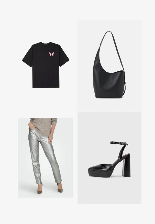 Črna bombažna majica s kratkimi rokavi, ki ima majhen roza metuljček na levi strani prsnega dela. Majica s krožnim ovratnikom in sproščenim krojem.; Srebrni metalni tesno prilegajoči hlače z gladko teksturo in subtilnimi gubami. Nosi se z svetlo rjavo pleteno majico in špicastimi petami.; Črne platforme z visokimi petami in koničastim nosom ter nastavljivim gležnjenjskim trakom. Narejene iz gladke usnje, s kockasto peto.; Črna usnjena hobo torba z gladko teksturo, ukrivljeno obliko in eno nastavljivo naramnico; ima širok odprtina na vrhu.