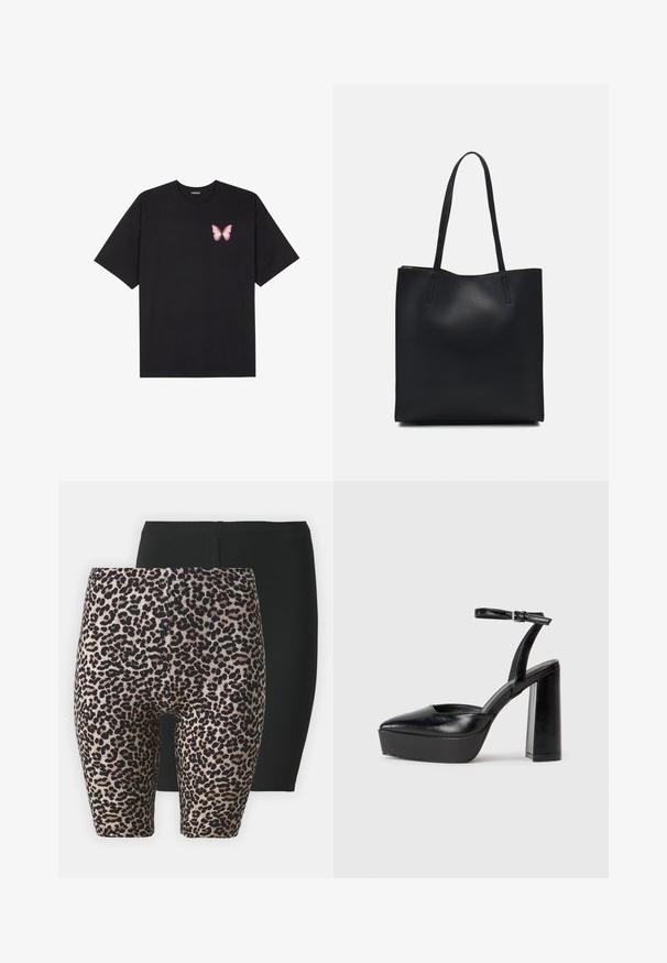 T-shirt de algodão preto com mangas curtas, apresentando um pequeno gráfico de borboleta rosa no lado esquerdo do peito. Design de gola redonda com um corte solto.; Dois pares de calções: um preto, outro com um padrão de leopardo em bege e preto. Ambos são feitos de um tecido leve e elástico com uma cintura elástica.; Saltos altos pretos com bico fino e atilho ajustável no tornozelo. Confeccionados em couro suave, apresentam um salto bloco robusto.; Bolsa tote preta em couro com textura lisa, forma retangular e duas alças longas. Sem hardware ou enfeites visíveis.