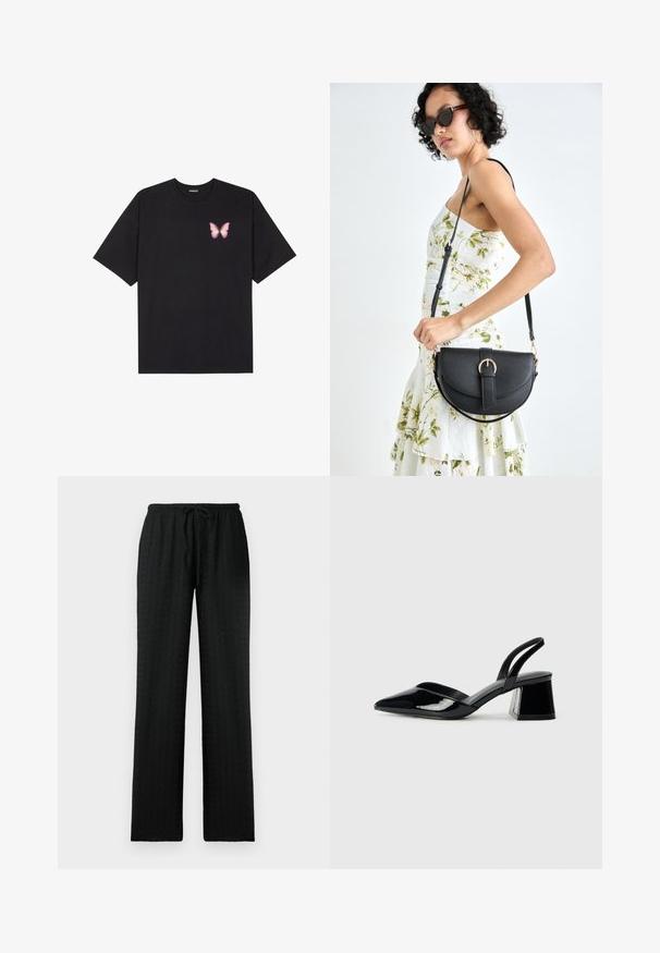 Fekete pamut póló rövid ujjakkal, bal mellkason egy kis rózsaszín pillangó grafikával. Kerek nyakú kialakítás, laza fazonnal.; Fekete, texturált, bőszárú nadrág rugalmas derékkal és állítható húzózsinórral; a kényelmes és laza illeszkedés érdekében tervezve.; Fekete lakk bőr szandálkés magas sarkú cipő, hegyes orral és geometrikus tömbsarkakkal. Karcsú, minimalista dizájn és sima textúra jellemzi.; Fekete bőrtáska ívelt formával, levehető pánttal és arany színű fémrészekkel. A táskán egy csattal díszített fedél található.