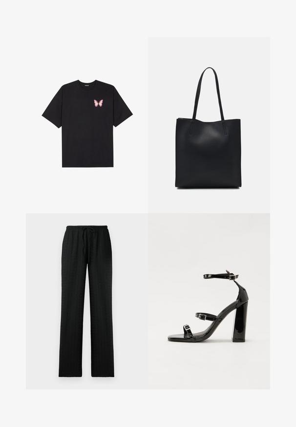 Black cotton t-shirt with short sleeves, featuring a small pink butterfly graphic on the left chest. Crew neck design with a relaxed fit.; Black, textured, wide-leg trousers with an elastic waistband and adjustable drawstring; designed for comfort and a relaxed fit.; Black patent high-heeled sandals with two buckle straps, square toe, and a chunky block heel, featuring a smooth, glossy texture.; Black leather tote bag with smooth texture, rectangular shape, and two long handles. No visible hardware or embellishments.