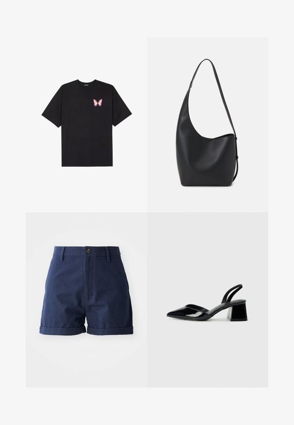 Must muströöpidega must puuvillane T-särk, vasakul rinnal on väike roosa liblikas. Ümar kaelus ja vabalt istuv lõige.; Tumedakoolist puuvillased lühikesed püksid nupuga ees, volditud servadega ja küljetaskutega; omavad sileda tekstuuri ja kohandatud disaini.; Mustad musta lakknahk kingad, millel on terav varvas ja geomeetriline plokkkonts. Omab elegantselt minimalistlikku disaini ja sujuvat tekstuuri.; Mustast nahast hobo kott, millel on sile tekstuur, kumer kuju ja üks reguleeritav rihm; peal on lai avaus.