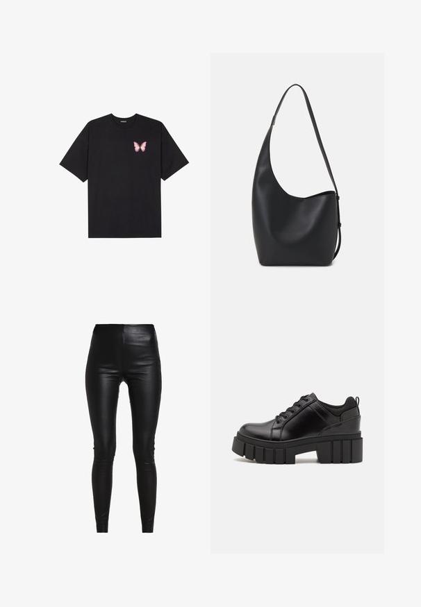 Black cotton t-shirt with short sleeves, featuring a small pink butterfly graphic on the left chest. Crew neck design with a relaxed fit.; Black faux leather leggings with a high waist, form-fitting design, smooth texture, and no visible seams or embellishments.; Black leather platform shoes with a chunky block heel, round toe, and traditional lace-up design. Features smooth texture and minimal detailing.; Black leather hobo bag with a smooth texture, curved shape, and single adjustable strap; features a wide opening at the top.