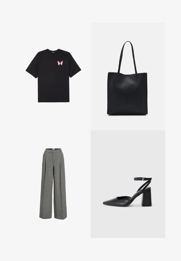 Schwarzes Baumwoll-T-Shirt mit kurzen Ärmeln, das ein kleines pinkes Schmetterlingsmotiv auf der linken Brust zeigt. Crewneck-Design mit einem entspannten Schnitt.; Graue weit geschnittene Hose aus leichtem Stoff. Sie verfügt über einen gefalteten Vorderbereich, hohe Taille und eine glatte Textur.; Schwarze Leder-Pumps mit spitzer Zehe, einem Knöchelriemen und einem blockigen Absatz. Flache Textur, elegantes Design und minimalistische Ästhetik.; Schwarze Laptoptasche aus Leder mit glatter Textur, rechteckiger Form und zwei langen Griffen. Keine sichtbaren Beschläge oder Verzierungen.