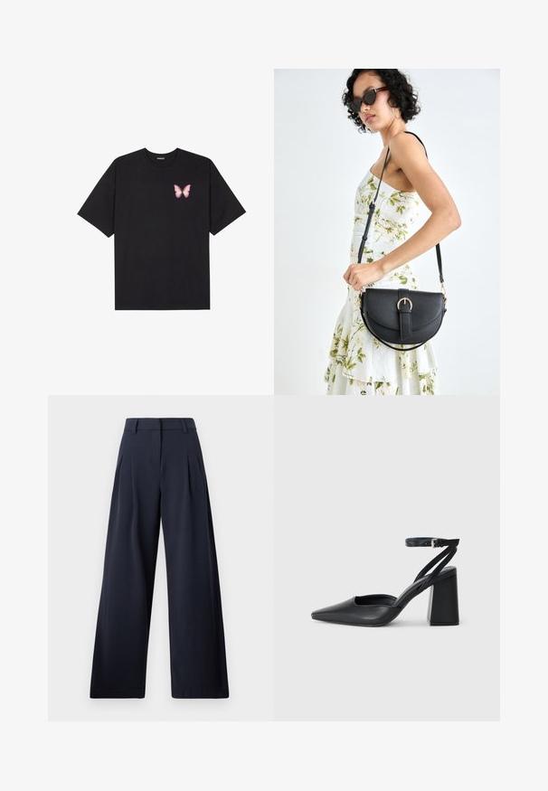 Schwarzes Baumwoll-T-Shirt mit kurzen Ärmeln, das ein kleines pinkes Schmetterlingsmotiv auf der linken Brust zeigt. Crewneck-Design mit einem entspannten Schnitt.; Marinefarbene weite Hosen mit glatter Textur, ausgestattet mit Vorderfalten und einem klassischen Bund, entworfen für eine entspannte Passform.; Schwarze Leder-Pumps mit spitzer Zehe, einem Knöchelriemen und einem blockigen Absatz. Flache Textur, elegantes Design und minimalistische Ästhetik.; Schwarze Lederhandtasche mit geschwungener Form, abnehmbarem Tragegurt und goldenen Beschlägen. Die Tasche verfügt über einen Deckel mit einer Schnallen-Details.