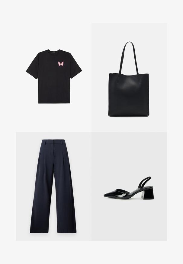 Black cotton t-shirt with short sleeves, featuring a small pink butterfly graphic on the left chest. Crew neck design with a relaxed fit.; Navy wide-leg trousers with a smooth texture, featuring front pleats and a classic waistband, designed for a relaxed fit.; Black patent leather slingback heels with a pointed toe and a geometric block heel. Features a sleek, minimal design and smooth texture.; Black leather tote bag with smooth texture, rectangular shape, and two long handles. No visible hardware or embellishments.