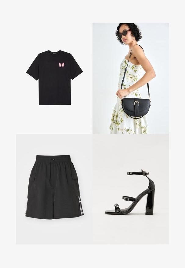 Črna bombažna majica s kratkimi rokavi, ki ima majhen roza metuljček na levi strani prsnega dela. Majica s krožnim ovratnikom in sproščenim krojem.; Črne kratke hlače iz lahkega materiala, z elastičnim pasom, zapiranjem z vrvico, stranskimi žepi in belimi stranskimi črtami.; Črne lakaste sandale z visokimi petami, z dvema trakovoma z zaponkama, kvadratnim sprednjim delom in masivno širšo peto, z gladko, sijočo teksturo.; Črna usnjena torbica s ukrivljeno obliko, z odstranljivo naramnico in zlatimi dodatki. Torbica ima pokrov s podrobnostmi v obliki zaponke.