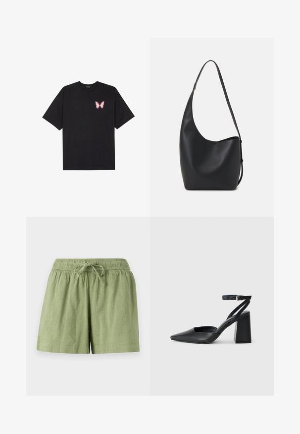 Čierne bavlnené tričko s krátkymi rukávmi, s malým ružovým motýlikom na ľavej hrudi. Design s okrúhlym výstrihom a uvoľneným strihom.; Svetlozelené bavlnené šortky s elastickým pásom a šnúrkou. Obsahujú bočné vrecká a textúrovaný povrch látky.; Čierne kožené lodičky s špicatou špičkou a členkovým remienkom, s masívnym podpätkom. Hladký povrch, elegantný dizajn a minimalistická estetika.; Čierna kožená hobo taška so hladkou textúrou, zakriveným tvarom a jedným nastaviteľným popruhom; má široké otvorenie na vrchu.