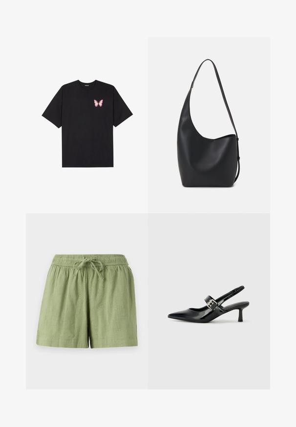 T-shirt de algodão preto com mangas curtas, apresentando um pequeno gráfico de borboleta rosa no lado esquerdo do peito. Design de gola redonda com um corte solto.; Bermudas de algodão verde claro com cintura elástica e cordão. Apresenta bolsos laterais e um acabamento de tecido texturizado.; Saltos slingback em verniz preto com bico pontiagudo e um pequeno salto bloco, apresentando um detalhe de fivela prateada na tira.; Saco hobo preto em pele com uma textura lisa, forma curva e uma única alça ajustável; apresenta uma abertura larga na parte de cima.