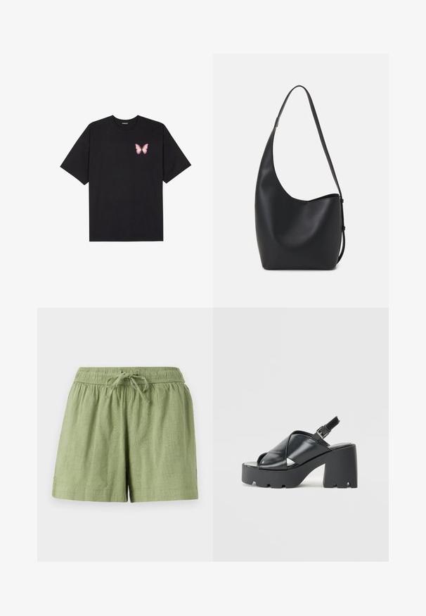 Black cotton t-shirt with short sleeves, featuring a small pink butterfly graphic on the left chest. Crew neck design with a relaxed fit.; Light green cotton shorts with an elastic waistband and drawstring. Features side pockets and a textured fabric finish.; Black patent leather slingback platform sandals with a chunky heel, featuring a cross-strap design and a textured sole for grip.; Black leather hobo bag with a smooth texture, curved shape, and single adjustable strap; features a wide opening at the top.
