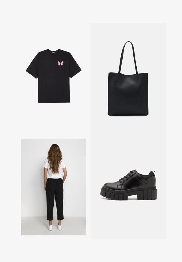 Fekete pamut póló rövid ujjakkal, bal mellkason egy kis rózsaszín pillangó grafikával. Kerek nyakú kialakítás, laza fazonnal.; Hosszú, hullámos hajú nő fehér pólót, fekete rövidnadrágot és fehér sportcipőt visel, és egy sima fehér fal felé néz.; Fekete bőr platform cipők vaskos blokk sarkakkal, kerek orral és hagyományos fűzős kialakítással. Simára csiszolt felület és minimális részletezés jellemzi.; Fekete bőrtáska sima felszínnel, téglalap alakú, két hosszú füllel. Nincs látható fémkiegészítő vagy díszítés.