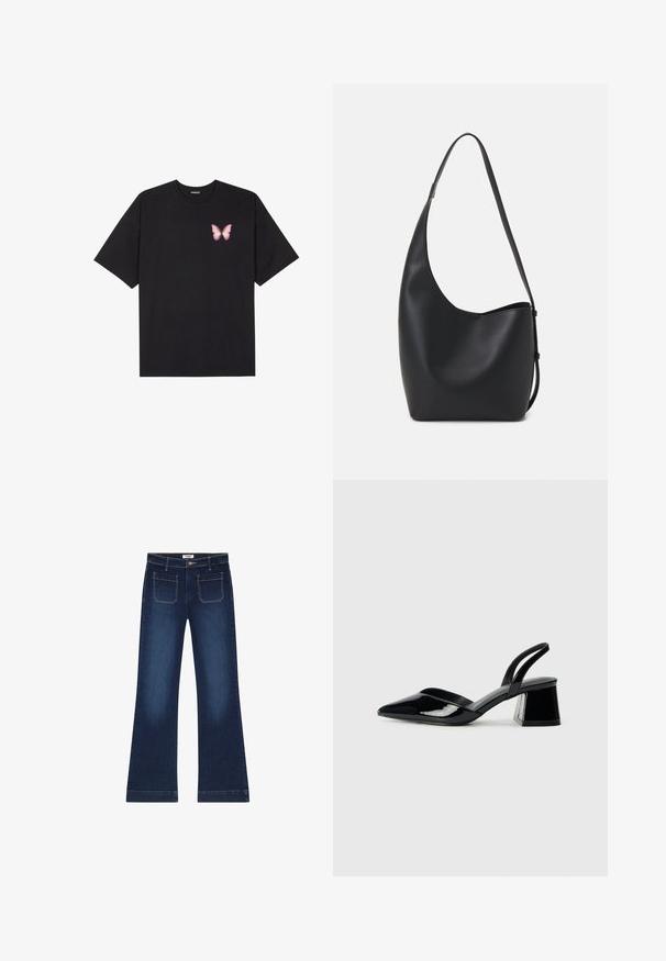 Black cotton t-shirt with short sleeves, featuring a small pink butterfly graphic on the left chest. Crew neck design with a relaxed fit.; Dark blue flared jeans made of denim. Features five pockets, a zip fly, and gold stitching accents on seams. Wide leg opening.; Black patent leather slingback heels with a pointed toe and a geometric block heel. Features a sleek, minimal design and smooth texture.; Black leather hobo bag with a smooth texture, curved shape, and single adjustable strap; features a wide opening at the top.