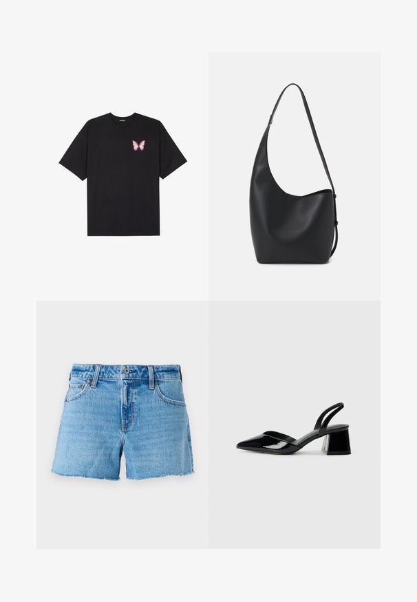 T-shirt de algodão preto com mangas curtas, apresentando um pequeno gráfico de borboleta rosa no lado esquerdo do peito. Design de gola redonda com um corte solto.; Shorts de ganga em azul claro, com bainha a desfiar, design de cinco bolsos e fecho em botão de latão. Textura suave com ligeira descoloração.; Sandy em verniz preto com salto slingback, ponta afilada e salto geométrico. Apresenta um design elegante e minimalista com textura suave.; Saco hobo preto em pele com uma textura lisa, forma curva e uma única alça ajustável; apresenta uma abertura larga na parte de cima.