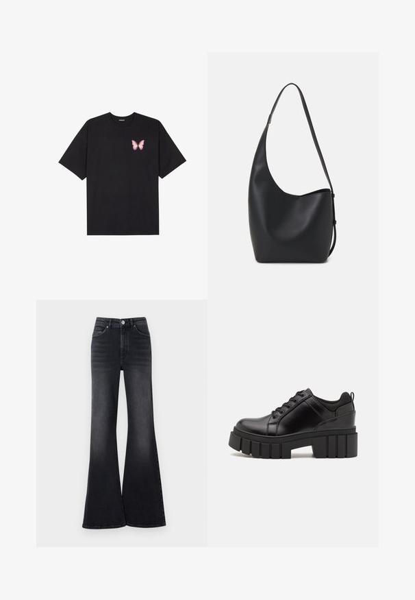 Black cotton t-shirt with short sleeves, featuring a small pink butterfly graphic on the left chest. Crew neck design with a relaxed fit.; High-waisted flared jeans in dark wash denim with a smooth texture, featuring front pockets, a button closure, and fading details.; Black leather platform shoes with a chunky block heel, round toe, and traditional lace-up design. Features smooth texture and minimal detailing.; Black leather hobo bag with a smooth texture, curved shape, and single adjustable strap; features a wide opening at the top.