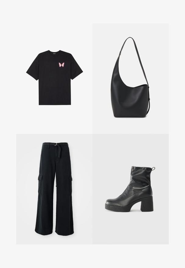 Čierne bavlnené tričko s krátkymi rukávmi, s malým ružovým motýlikom na ľavej hrudi. Design s okrúhlym výstrihom a uvoľneným strihom.; Čierne široké nohavice cargo vyrobené z bavlny s viazacím pásom, s dvoma bočnými vreckami a hladkou textúrou látky.; Čierne členkové topánky z hladkej kože, so bočným zipsom, robustnou textúrovanou pätnou časťou a zaobleným dizajnom špičky.; Čierna kožená hobo taška so hladkou textúrou, zakriveným tvarom a jedným nastaviteľným popruhom; má široké otvorenie na vrchu.