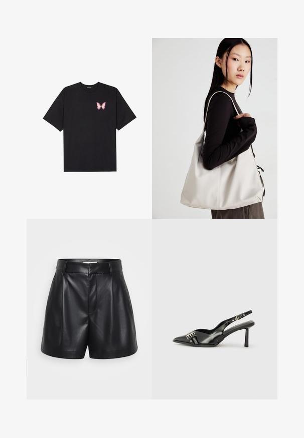 Fekete pamut póló rövid ujjakkal, bal mellkason egy kis rózsaszín pillangó grafikával. Kerek nyakú kialakítás, laza fazonnal.; Fekete bőrnadrág, magas derékkal, redőzött elülső résszel és oldalsó zsebekkel. Simaság jellemzi és fényes befejezésű.; Fekete lakk bőr, hegyes orrú slingback cipő, boka pántokkal, ezüst csatokkal és hardverelemekkel, valamint karcsú sarkú.; Puha anyagból készült bézs kézitáska, laza dizájnnal, varrott részletekkel és két vállpánttal. Mindennapi használatra alkalmas.