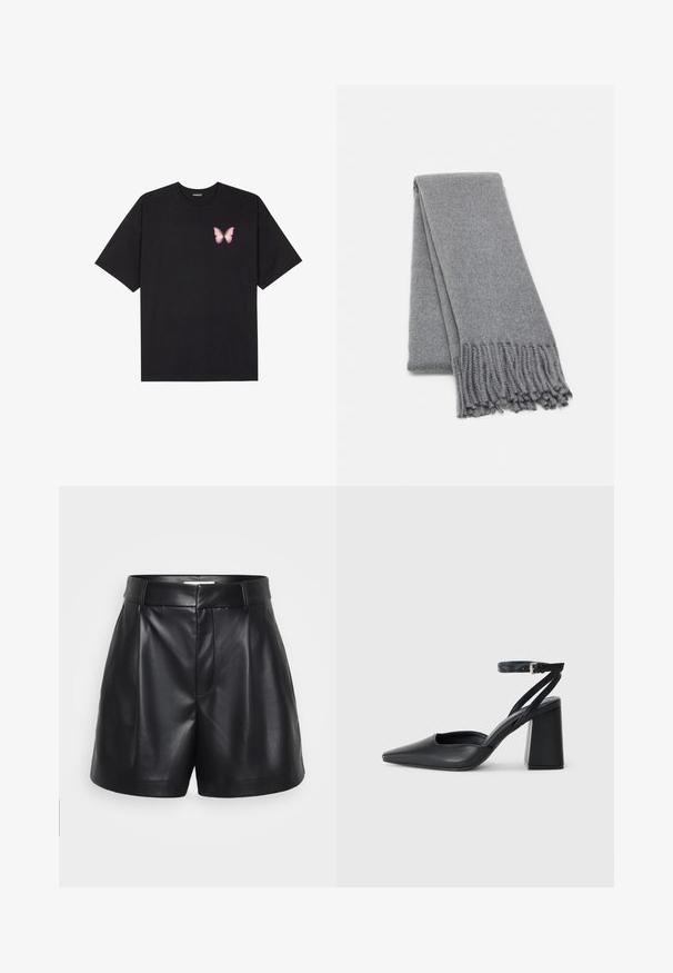 T-shirt en coton noir à manches courtes, avec un petit graphique de papillon rose sur la poitrine gauche. Modèle à col rond avec une coupe décontractée.; Shorts en cuir noir avec une taille haute, un devant plissé et des poches latérales. Texture lisse avec une finition soignée.; Escarpin noir en cuir à bout pointu avec une bride de cheville et un talon épais. Texture lisse, design élégant et esthétique minimaliste.; Écharpe en laine grise avec une texture douce, dotée de bords frangés et d'un design simple. Pliée soigneusement, mettant en valeur sa forme allongée.