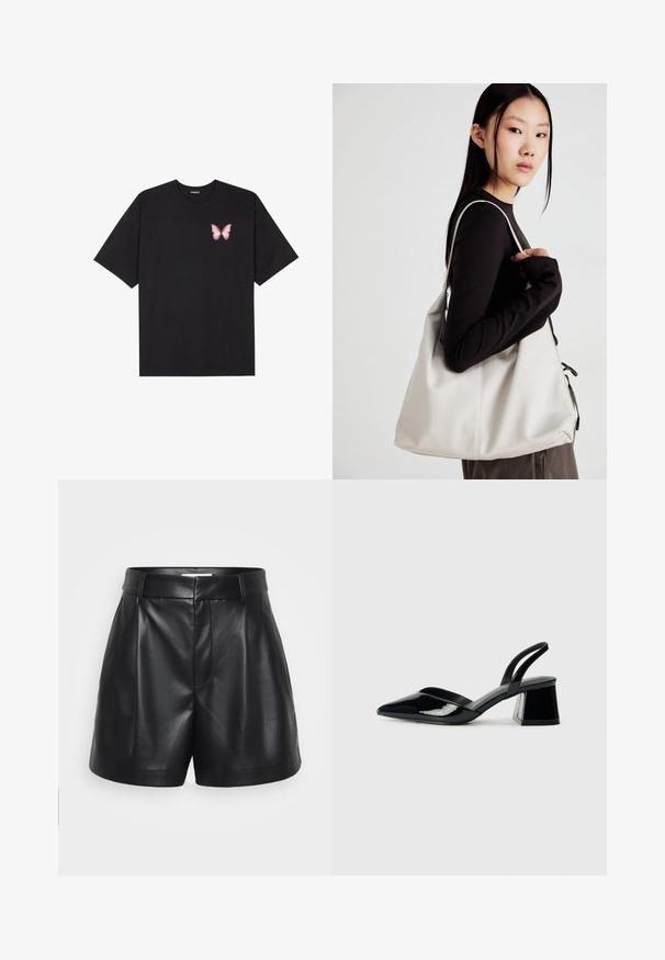 T-shirt en coton noir à manches courtes, avec un petit graphique de papillon rose sur la poitrine gauche. Modèle à col rond avec une coupe décontractée.; Shorts en cuir noir avec une taille haute, un devant plissé et des poches latérales. Texture lisse avec une finition soignée.; Escarpins en cuir verni noir avec bout pointu et talon bloc géométrique. Présente un design élégant et minimaliste ainsi qu'une texture lisse.; Sac à main beige en matériau souple, avec un design décontracté, des détails cousus et deux poignées. Idéal pour un usage quotidien.
