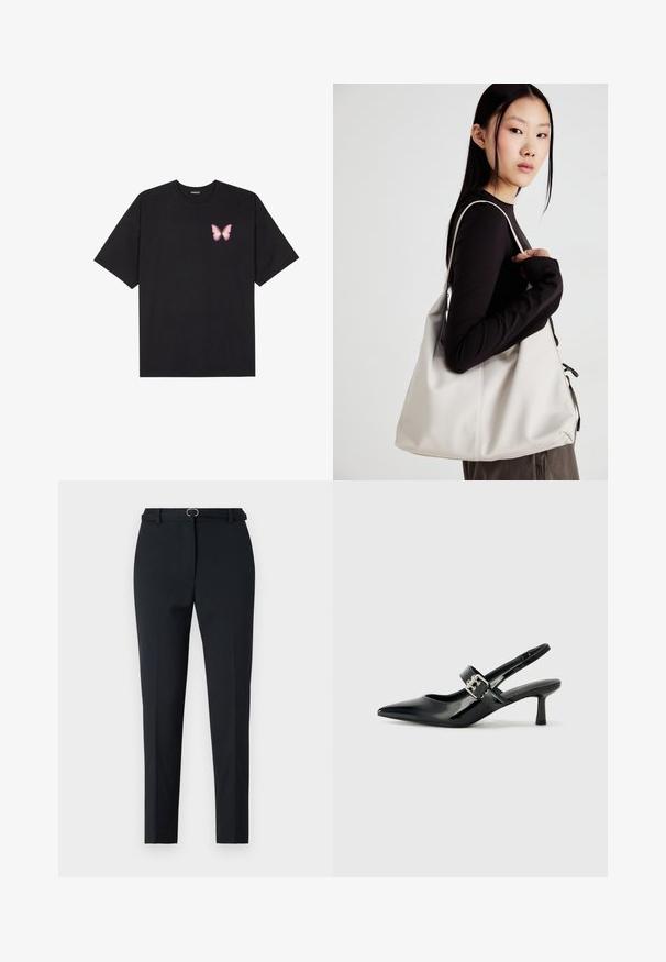 Svart bomulls T-skjorte med korte ermer, med en liten rosa sommerfugl grafikk på venstre bryst. Crew-neck design med en avslappet passform.; Svart skreddersydde bukser med smal passform, med flat front, beltehemper og en liten sølvspenne. Glatt stoff med en ren finish.; Svarte patent lær slingback hæler med spiss tå og en liten blokkheel, med en sølvspenne som detalj på stroppen.; Beige håndveske laget av mykt materiale, med en slapp design, sydd detaljer og to skulderstropper. Passer for daglig bruk.
