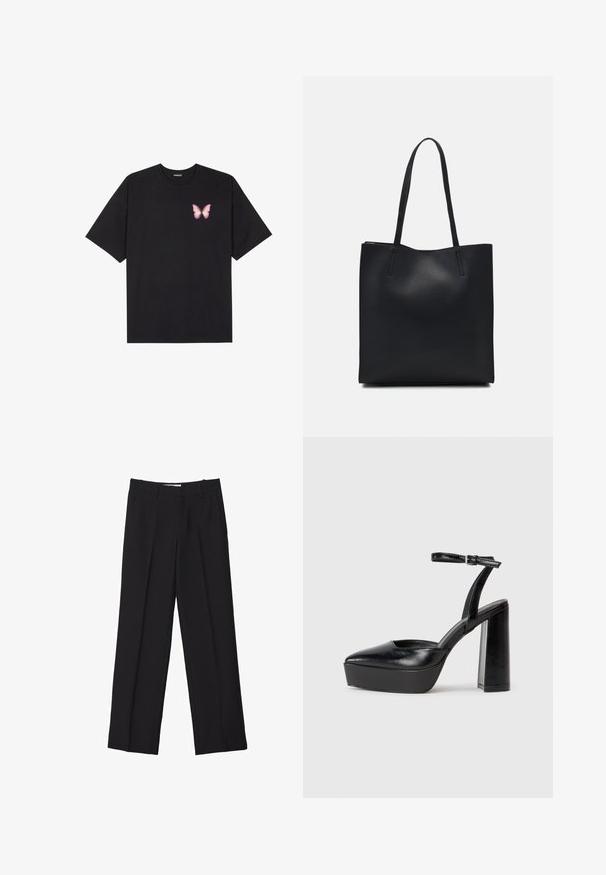 Musta puuvillapaita lyhyillä hihoilla, jossa on pieni vaaleanpunainen perhosgrafiikka vasemmassa rinnassa. Pyöreä kaula-aukko ja rento istuvuus.; Mustat räätälöidyt housut suoranlahkeisella muotoilulla, joissa on tuplurypyt, sileä rakenne ja hienovaraiset etusauman yksityiskohdat.; Mustat korkeat platform-kengät, joissa on terävä kärki ja säädettävä nilkkaremmi. Valmistettu sileästä nahasta ja varustettu paksulla lohkokorkeudella.; Mustapahkainen kangaskassi, jossa on sileä pinta, suorakaiteen muotoinen ja kaksi pitkää kahvaa. Ei näkyvää metalliosaa tai koristeita.