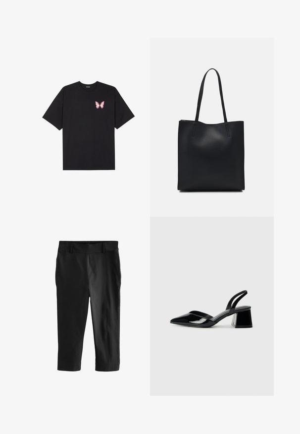 Zwarte katoenen t-shirt met korte mouwen, voorzien van een kleine roze vlinder graphic op de linkerkant van de borst. Crew neck ontwerp met een relaxte fit.; Zwarte cropped broeken met een zachte textuur. Beschikt over een vlakke tailleband en geen zichtbare zakken, ontworpen voor een getailleerde pasvorm.; Zwarte gepatineerde leren slingback hakken met een spitse neus en een geometrische blokhak. Kenmerkt zich door een slank, minimalistisch ontwerp en een gladde textuur.; Zwarte leren handtas met een gladde textuur, rechthoekige vorm en twee lange handvaten. Geen zichtbare hardware of versieringen.