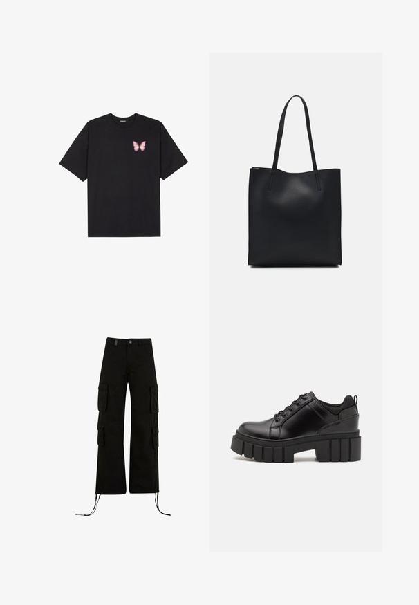 Melna kokvilnas T-krekls ar īsām piedurknēm, kuram priekšā kreisajā pusē ir neliels rozā tauriņa grafiskais attēls. Ar apaļu kaklu un brīvā stila piegriezumu.; Melni kravu bikses ar brīvu piegriezumu, kuru sānos ir kravu kabatas, aukliņu apakšdaļā un pogu aizdare jostasvietā.; Melnas ādas platformas kurpes ar masīvu bloku papēdi, apaļu purngalu un tradicionālu saistīšanas dizainu. Izceļas ar gludu tekstūru un minimālu apdari.; Melnas ādas somiņa ar gludu tekstūru, taisnstūra formu un divām garām rokturiem. Nav redzamu aparatūras vai rotājumu.