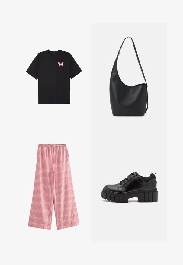 Juodas medvilnės marškinėliai trumpomis rankovėmis, su maža rožine drugelio grafika kairėje krūtinės pusėje. Apvalus kaklo iškirpimas, laisvas kirpimas.; Next TEXTURED STRIPE WIDE LEG - Kelnės - pink; Juodi odiniai platformos batai su masyviu blokuota kulniuku, apvalia nosimi ir tradiciniu šnypštimo dizainu. Turintys glotnų paviršių ir minimalų dekoravimą.; Juodas odinis hobo maišas su lygiu paviršiumi, kreipta forma ir viena reguliuojama rankena; turi platų atidarymą viršuje.