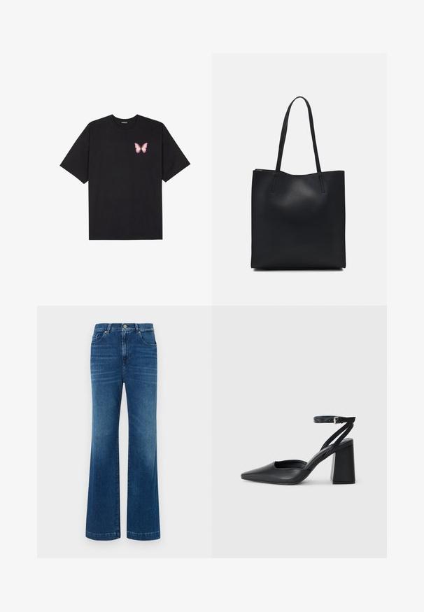 Musta puuvillapaita lyhyillä hihoilla, jossa on pieni vaaleanpunainen perhosgrafiikka vasemmassa rinnassa. Pyöreä kaula-aukko ja rento istuvuus.; Siniset denim leveälahkeiset farkut, joissa on korkea vyötärö, viisi taskua ja klassinen napitus. Kangas on pehmeä, hieman haalistunut.; Mustat nahkakengät, joissa on kapea kärki, nilkkaremmi ja paksu korko. Tasainen pinta, tyylikäs muotoilu ja minimalistinen estetiikka.; Mustapahkainen kangaskassi, jossa on sileä pinta, suorakaiteen muotoinen ja kaksi pitkää kahvaa. Ei näkyvää metalliosaa tai koristeita.