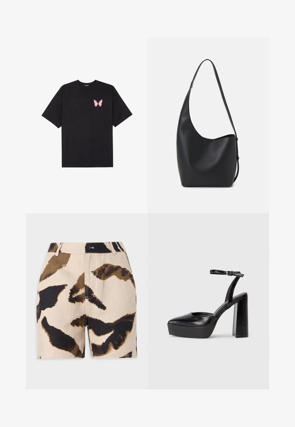 Black cotton t-shirt with short sleeves, featuring a small pink butterfly graphic on the left chest. Crew neck design with a relaxed fit.; Beige shorts with brown and black abstract animal print, featuring a button closure, belt loops, and a textured fabric.; Black platform heels with a pointed toe and adjustable ankle strap. Constructed from smooth leather, featuring a chunky block heel.; Black leather hobo bag with a smooth texture, curved shape, and single adjustable strap; features a wide opening at the top.