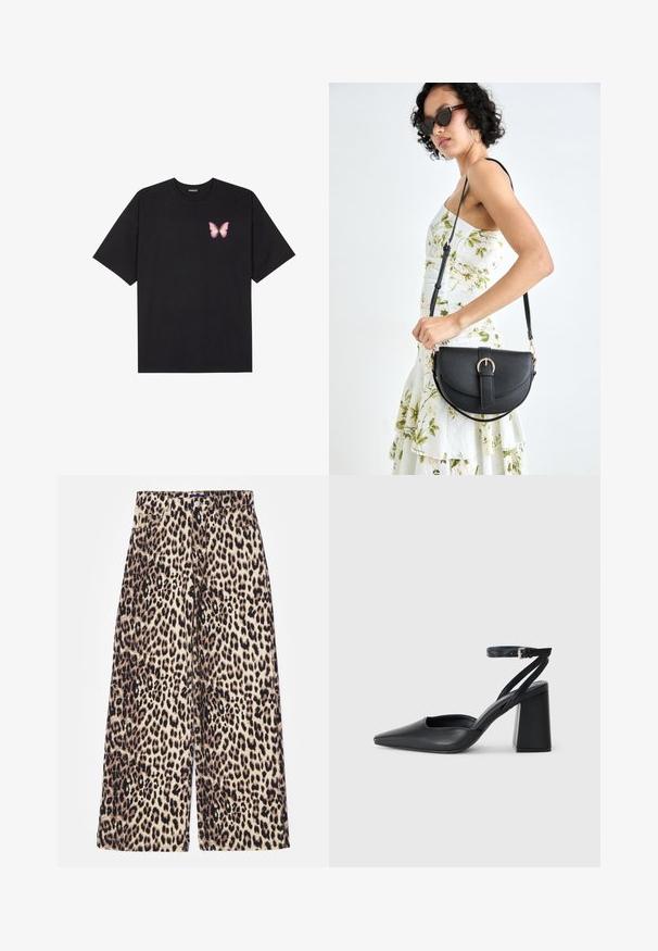 Black cotton t-shirt with short sleeves, featuring a small pink butterfly graphic on the left chest. Crew neck design with a relaxed fit.; Leopard print wide-leg trousers made of cotton blend. Features a high waist, button closure, and front pockets. Color palette includes beige and black.; Black leather pointy-toe pump with an ankle strap and a chunky heel. Flat texture, sleek design, and minimalistic aesthetics.; Black leather handbag with a curved shape, detachable strap, and gold hardware. The bag features a flap with a buckle detail.