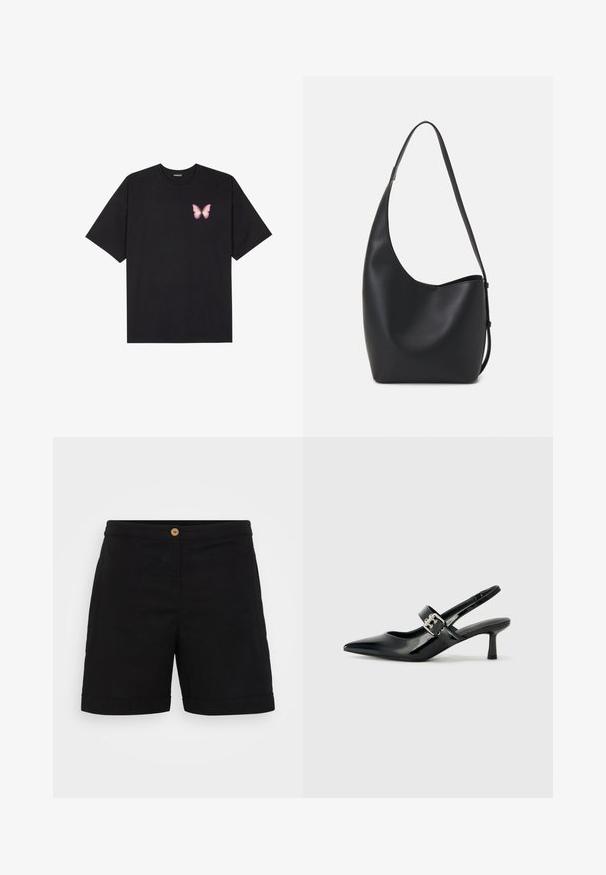 T-shirt de algodão preto com mangas curtas, apresentando um pequeno gráfico de borboleta rosa no lado esquerdo do peito. Design de gola redonda com um corte solto.; Calções pretos em linho com um design aerodinâmico, apresentando um único botão de madeira na cintura e bainha dobrada. Textura suave com bolsos laterais.; Saltos slingback em verniz preto com bico pontiagudo e um pequeno salto bloco, apresentando um detalhe de fivela prateada na tira.; Saco hobo preto em pele com uma textura lisa, forma curva e uma única alça ajustável; apresenta uma abertura larga na parte de cima.