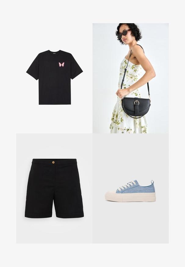 Melna kokvilnas T-krekls ar īsām piedurknēm, kuram priekšā kreisajā pusē ir neliels rozā tauriņa grafiskais attēls. Ar apaļu kaklu un brīvā stila piegriezumu.; Melnas linu šortos ar elegantu dizainu, kas satur vienu koka pogu jostasvietā un norullētu apakšējo malu. Gluda tekstūra ar sānu kabatām.; Gaiši zili kanvas sneakeri ar krēmkrāsas gumijas pirksta aizsargu un ārējo zoli, aprīkoti ar baltām šņorēm un cilpu uz papēža.; Melnas ādas rokassoma ar izliekta formu, noņemamu siksnu un zelta aksesuāriem. Somai ir vāciņš ar sprādzes detaļu.