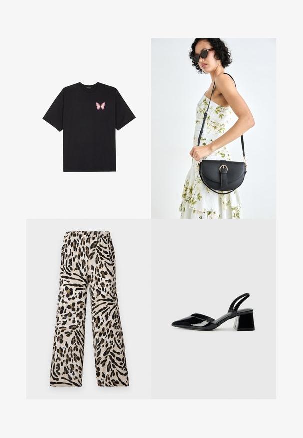 Black cotton t-shirt with short sleeves, featuring a small pink butterfly graphic on the left chest. Crew neck design with a relaxed fit.; Leopard print wide-leg pants with a relaxed fit, featuring a soft, lightweight fabric in beige, black, and brown tones. Elastic waistband.; Black patent leather slingback heels with a pointed toe and a geometric block heel. Features a sleek, minimal design and smooth texture.; Black leather handbag with a curved shape, detachable strap, and gold hardware. The bag features a flap with a buckle detail.