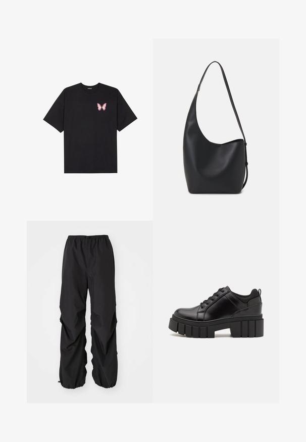 Melna kokvilnas T-krekls ar īsām piedurknēm, kuram priekšā kreisajā pusē ir neliels rozā tauriņa grafiskais attēls. Ar apaļu kaklu un brīvā stila piegriezumu.; Melni elastīgā josta bikses, kas izgatavotas no ūdensizturīga materiāla. Tām ir brīvs piegriezums ar savilktām piedurknēm pie potītēm un nav redzamu rakstu.; Melnas ādas platformas kurpes ar masīvu bloku papēdi, apaļu purngalu un tradicionālu saistīšanas dizainu. Izceļas ar gludu tekstūru un minimālu apdari.; Melnas ādas hobo soma ar gludu tekstūru, izliekta forma un vienu regulējamu jostu; augšā ir plaša atvere.