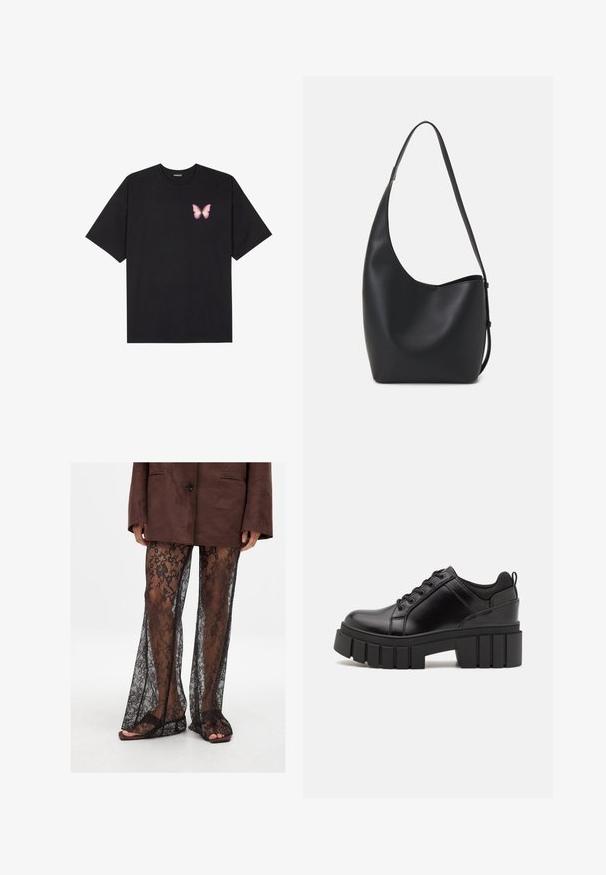 Czarny bawełniany t-shirt z krótkim rękawem, z małym różowym motylkiem na lewej piersi. Klasyczny dekolt z luźnym fasonem.; Czarne koronkowe spodnie z szerokimi nogawkami, posiadające kwiatowy wzór i przejrzystą fakturę, w zestawieniu z brązowymi klapkami.; Czarne skórzane buty na platformie z masywnym słupkowym obcasem, okrągłym noskiem i klasycznym sznurowaniem. Posiadają gładką teksturę i minimalne wykończenia.; Czarna skórzana torba hobo o gładkiej fakturze, zaokrąglonym kształcie i pojedynczym, regulowanym pasku; posiada szerokie otwarcie na górze.