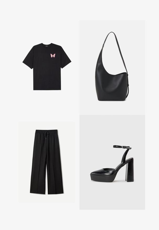 Fekete pamut póló rövid ujjakkal, bal mellkason egy kis rózsaszín pillangó grafikával. Kerek nyakú kialakítás, laza fazonnal.; Fekete, széles szárú nadrág, puha anyagból készült. Rugalmas derékrésszel és zsinórral rendelkezik, valamint két oldalzseb található rajta. Simaság az elején, pliszékkel.; Fekete platform magassarkú cipők hegyes orral és állítható bokapánttal. Sima bőrből készült, vastag talppal.; Fekete bőr hobo táska sima textúrával, ívelt formával és egyetlen állítható pánttal; széles nyílás található a tetején.