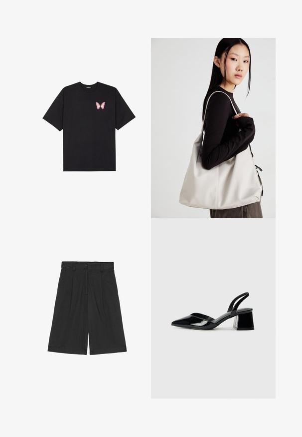 Černé bavlněné tričko s krátkým rukávem, na levém prsou s malou grafikou růžové motýlky. Design s kruhovým výstřihem a volným střihem.; Černé lněné kraťasy s volným střihem, s plochým předním dílem, dvěma bočními kapsami a knoflíkovým zapínáním v pase.; Černé lakované kožené lodičky na pásku s špičatou špičkou a geometrickým blokovým podpatkem. Vyznačují se elegantním, minimalistickým designem a hladkým povrchem.; Beige kabelka vyrobená z měkkého materiálu, s volným designem, prošívanými detaily a dvěma ramenními popruhy. Vhodná pro každodenní použití.