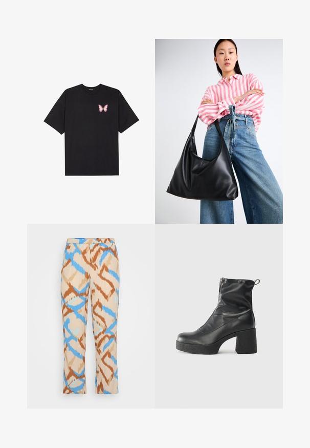 T-shirt de algodão preto com mangas curtas, apresentando um pequeno gráfico de borboleta rosa no lado esquerdo do peito. Design de gola redonda com um corte solto.; Calças estampadas em bege, com um design abstrato em azul e castanho. Feitas de um material leve com corte reto.; Botas de tornozelo pretas feitas de couro liso, com fecho lateral, salto grosso texturizado e design de bico arredondado.; Bolsa de ombro em couro preto com uma forma descontraída e detalhes costurados. O modelo usa uma camisa listrada em rosa e branco com jeans de perna larga azul.