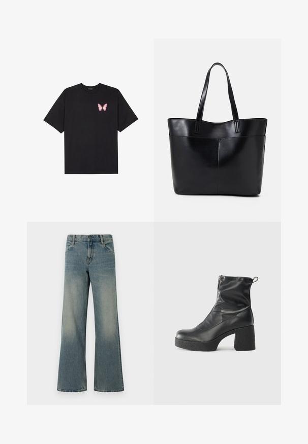Černé bavlněné tričko s krátkým rukávem, na levém prsou s malou grafikou růžové motýlky. Design s kruhovým výstřihem a volným střihem.; Modré široké džíny s klasickým pěti kapsovým designem a knoflíkovým zipem, s vybledlými detaily na stehnech a kolenou.; Černé kotníkové boty vyrobené z hladké kůže, s bočním zipem, robustním strukturovaným podpatkem a kulatou špičkou.; Černá kožená taška s dlouhými ušima, hladkým povrchem a strukturovaným tvarem. Obsahuje přední kapsu pro další úložný prostor.