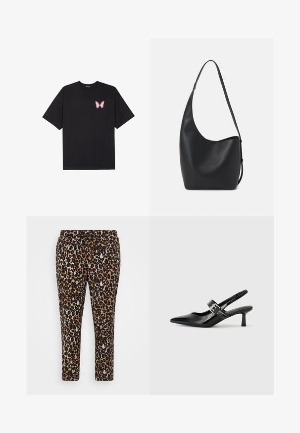 Black cotton t-shirt with short sleeves, featuring a small pink butterfly graphic on the left chest. Crew neck design with a relaxed fit.; Leopard-print pants featuring a soft, textured fabric, elastic waistband with drawstring, and straight leg design with a cropped length.; Black patent leather slingback heels with a pointed toe and a small block heel, featuring a silver buckle accent on the strap.; Black leather hobo bag with a smooth texture, curved shape, and single adjustable strap; features a wide opening at the top.
