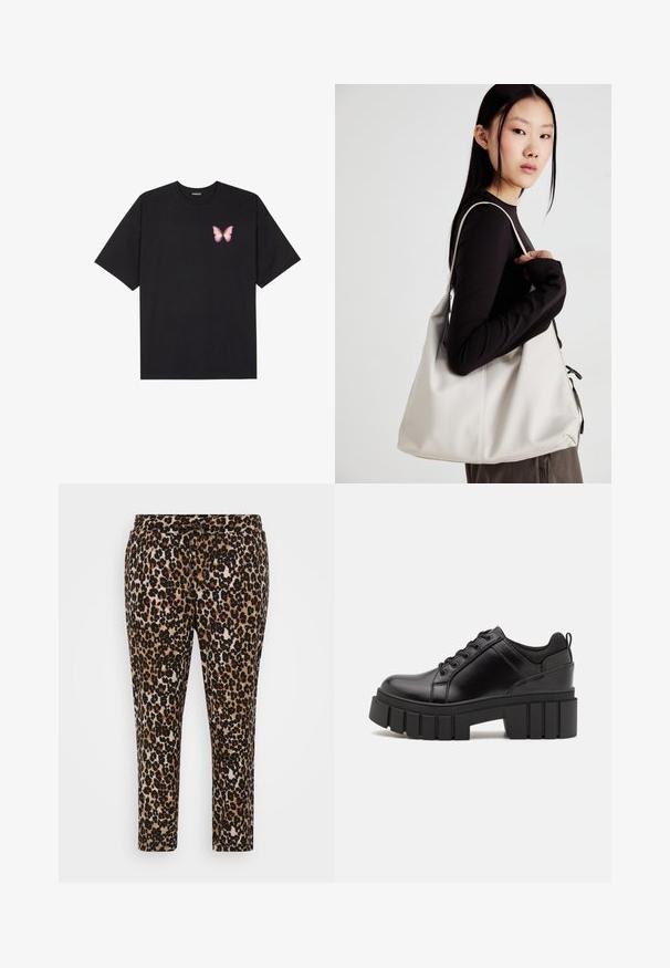 Črna bombažna majica s kratkimi rokavi, ki ima majhen roza metuljček na levi strani prsnega dela. Majica s krožnim ovratnikom in sproščenim krojem.; Hlače z leopardjim vzorcem, ki imajo mehak, teksturiran material, elastičen pas z vrvico in ravno nogavico s skrajšano dolžino.; Črne usnjene platforme z debelim blokastim petam, okroglo konico in klasičnim vezanjem. Imajo gladko teksturo in minimalne podrobnosti.; Bežna torbica iz mehkega materiala, z ohlapno zasnovo, šivi in dvema naramnicama. Primerna za vsakodnevno uporabo.
