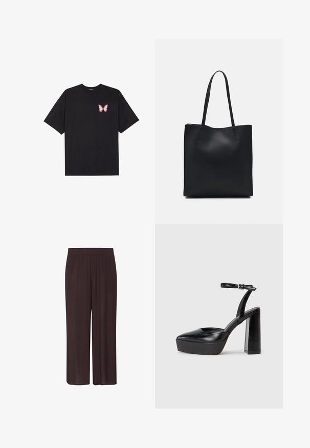 Czarny bawełniany t-shirt z krótkim rękawem, z małym różowym motylkiem na lewej piersi. Klasyczny dekolt z luźnym fasonem.; Ciemnobrązowe spodnie szerokie w nogawkach, wykonane z teksturowanej tkaniny, z elastycznym pasem i luźnym krojem, bez widocznych wzorów czy akcentów.; Czarne platformy na wysokim obcasie z szpiczastym noskiem i regulowanym paskiem na kostkę. Wykonane z gładkiej skóry, z grubym słupkowym obcasem.; Czarna skórzana torba tote o gładkiej fakturze, prostokątnym kształcie i dwóch długich uchwytach. Brak widocznych elementów metalowych i ozdób.