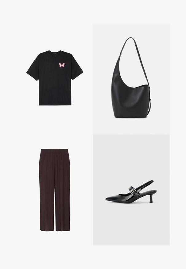 T-shirt en coton noir à manches courtes, avec un petit graphique de papillon rose sur la poitrine gauche. Modèle à col rond avec une coupe décontractée.; Pantalons larges de couleur brun foncé en tissu texturé, avec une taille élastique et une silhouette décontractée, sans motifs ni accents visibles.; Escarpins slingback en cuir verni noir avec un bout pointu et un petit talon bloc, mettant en avant un accent en boucle argentée sur la sangle.; Sac hobo en cuir noir avec une texture lisse, une forme incurvée et une seule sangle réglable ; dispose d'une large ouverture en haut.