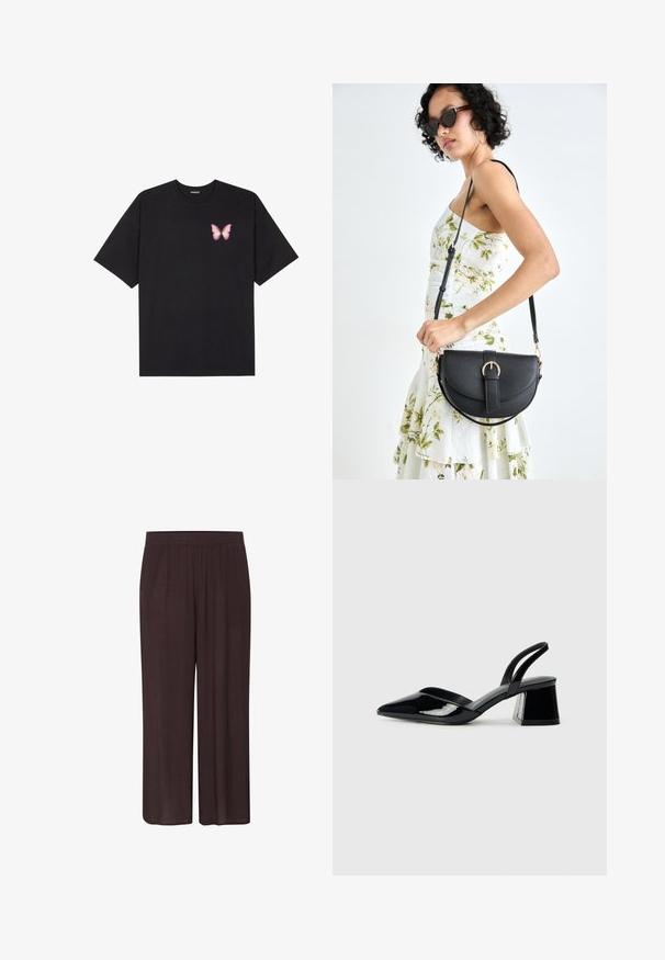T-shirt en coton noir à manches courtes, avec un petit graphique de papillon rose sur la poitrine gauche. Modèle à col rond avec une coupe décontractée.; Pantalons larges de couleur brun foncé en tissu texturé, avec une taille élastique et une silhouette décontractée, sans motifs ni accents visibles.; Escarpins en cuir verni noir avec bout pointu et talon bloc géométrique. Présente un design élégant et minimaliste ainsi qu'une texture lisse.; Sac à main en cuir noir avec une forme courbée, bandoulière amovible et des accessoires en or. Le sac est doté d'un rabat avec un détail de boucle.