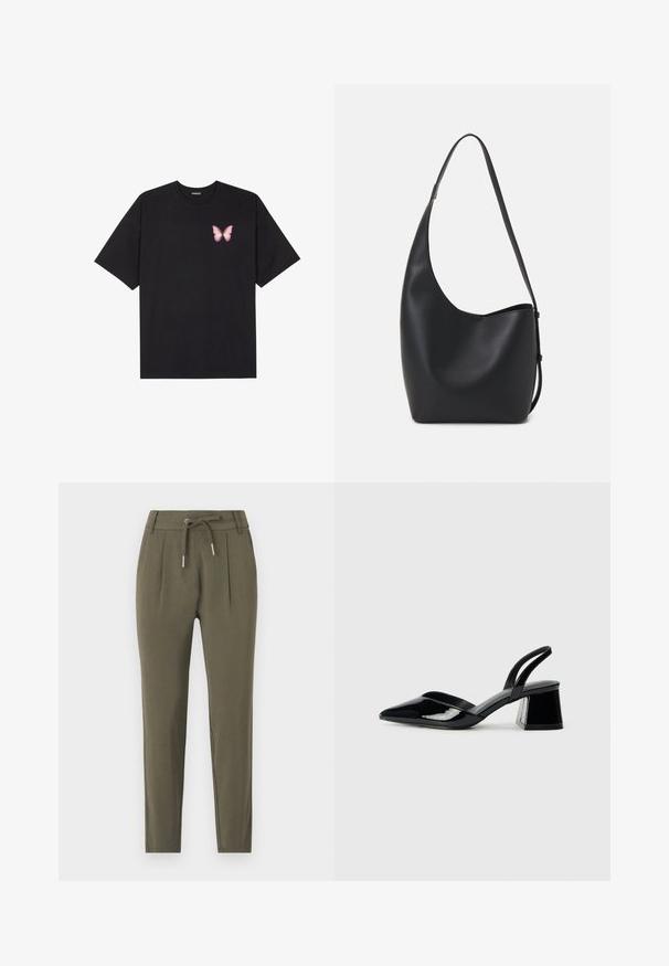Black cotton t-shirt with short sleeves, featuring a small pink butterfly graphic on the left chest. Crew neck design with a relaxed fit.; Olive green tapered pants with a drawstring waist, pleat details, and a smooth, lightweight fabric texture.; Black patent leather slingback heels with a pointed toe and a geometric block heel. Features a sleek, minimal design and smooth texture.; Black leather hobo bag with a smooth texture, curved shape, and single adjustable strap; features a wide opening at the top.