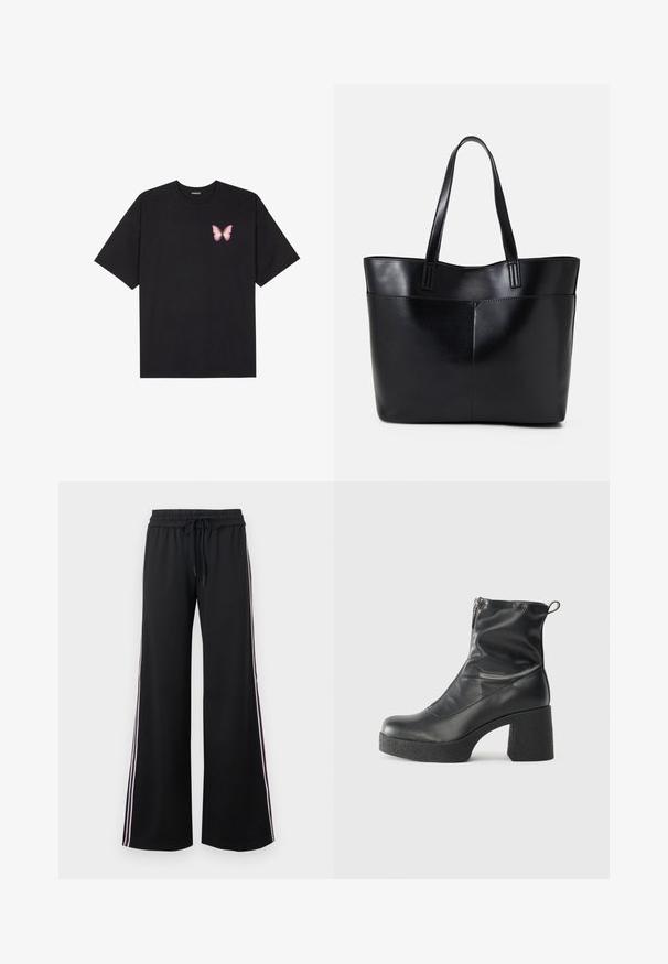 Svart bomulls T-skjorte med korte ermer, med en liten rosa sommerfugl grafikk på venstre bryst. Crew-neck design med en avslappet passform.; Sorte vid bukser laget av mykt stoff med elastisk midje og snøring. Har hvite og burdeaux sidestreker for kontrast.; Svarte ankelstøvler laget av glatt lær, med glidelås på siden, chunky strukturert hæl, og rund tå-design.; Svart lær toteveske med to lange håndtak, en glatt tekstur og en strukturert form. Har en frontlomme for ekstra oppbevaring.