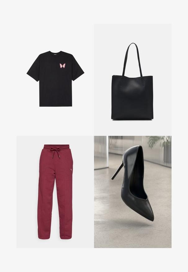 Juodas medvilnės marškinėliai trumpomis rankovėmis, su maža rožine drugelio grafika kairėje krūtinės pusėje. Apvalus kaklo iškirpimas, laisvas kirpimas.; Bordo spalvos treniruotės kelnės su elastingu juosmeniu, reguliuojama raišteliu, šoninėmis siūlėmis ir maža logotipo detale kairėje šlaunyje. Minkštas medvilnės mišinio audinys.; Juoda odinė aukštakulnė klasikinė batų pora su smailiu pirštu, elegantišku dizainu ir matomais elementais. Lygus paviršius ir minimalistiškas stilius.; Juodas odinis tote krepšys su lygia tekstūra, stačiakampio formos ir dviem ilgais rankenomis. Matomų metalinių detalių ar puošybos nėra.