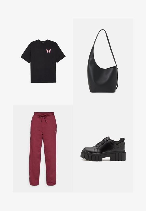 Schwarzes Baumwoll-T-Shirt mit kurzen Ärmeln, das ein kleines pinkes Schmetterlingsmotiv auf der linken Brust zeigt. Crewneck-Design mit einem entspannten Schnitt.; Bordeauxfarbene Jogginghose mit elastischem Bund, verstellbarem Kordelzug, Seitennaht und einem kleinen Logo-Detail am linken Oberschenkel. Aus weichem Baumwollmischgewebe.; Schwarze Lederplateauschuhe mit klobigem Blockabsatz, runder Zehenpartie und traditionellem Schnürdesign. Verfügt über eine glatte Textur und minimale Details.; Schwarze Leder-Hobo-Tasche mit einer glatten Textur, geschwungener Form und einem einzelnen verstellbaren Tragegurt; verfügt über eine weite Öffnung am oberen Ende.