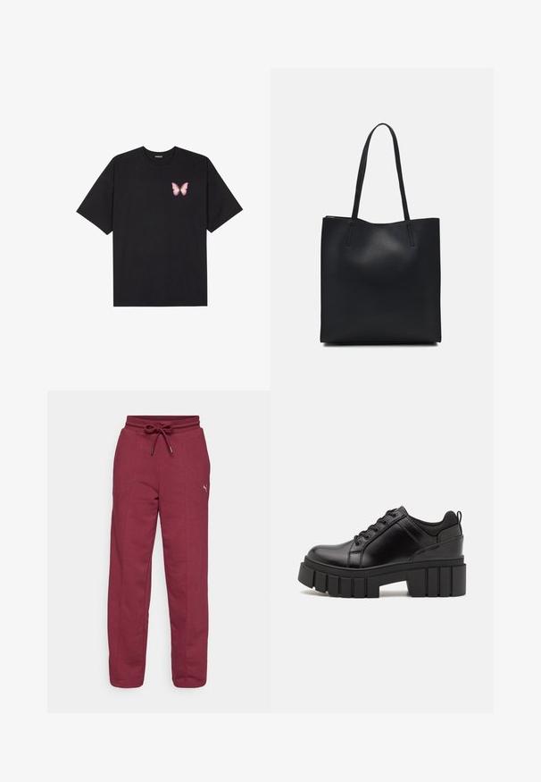 Čierne bavlnené tričko s krátkymi rukávmi, s malým ružovým motýlikom na ľavej hrudi. Design s okrúhlym výstrihom a uvoľneným strihom.; Bordové tepláky s elastickým pásom, nastaviteľnou šnúrkou, bočnými švami a malým logom na ľavom stehne. Mäkka zmes bavlny.; Čierne kožené platformy s masívnym blokovým podpätkom, okrúhlou špičkou a tradičným šnurovaním. Má hladký povrch a minimálne detaily.; Čierna kožená taška na rameno s hladkým povrchom, obdĺžnikovým tvarom a dvoma dlhými uchami. Bez viditeľného kovania alebo ozdôb.