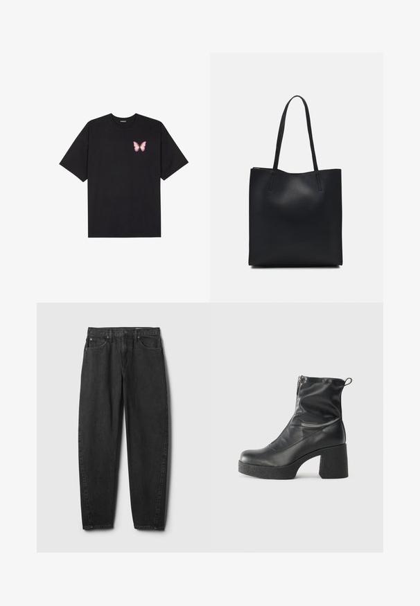 Black cotton t-shirt with short sleeves, featuring a small pink butterfly graphic on the left chest. Crew neck design with a relaxed fit.; Black denim jeans with a straight-leg cut, featuring five pockets, a button closure, and minimal stitching detail. Classic design and texture.; Black ankle boots made of smooth leather, featuring a side zipper, chunky textured heel, and rounded toe design.; Black leather tote bag with smooth texture, rectangular shape, and two long handles. No visible hardware or embellishments.